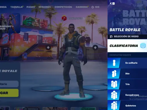 Gracz w Fortnite bez budowania, gotowy do gry w trybie Battle Royale. Wybiera opcję "En solitario" (Samotnie).