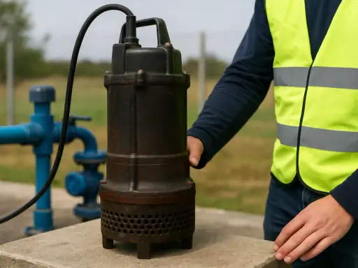A person in a high-visibility vest holds a submersible pump next to blue pipes.