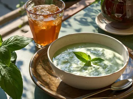 Deliciosa crema de pepino servida en un cuenco, acompañada de un vaso de té helado y hojas verdes frescas.