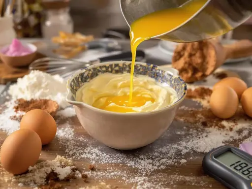 Préparation d'une pâte à bombe : du beurre fondu est versé dans un bol de crème. Farine, cacao, œufs et thermomètre à proximité.
