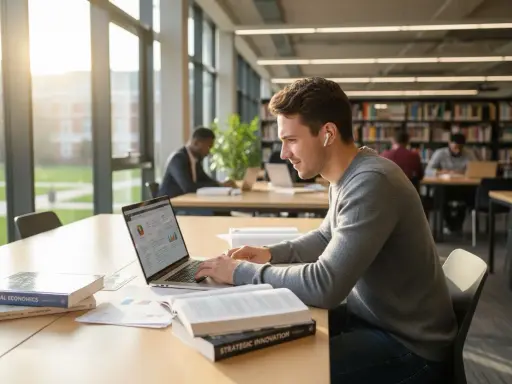 Młody mężczyzna pracuje na laptopie w bibliotece, otoczony książkami. Jego indywidualny tok studiów wymaga skupienia i samodzielności.