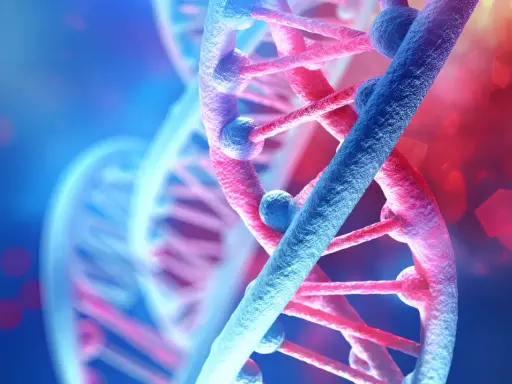 Doppia elica del DNA, simbolo di innovazione e editing genomico, con sfumature blu e rosse.