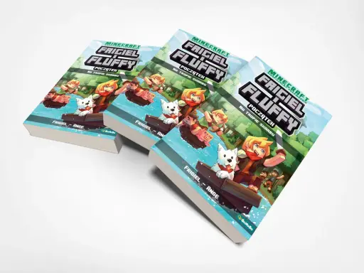 Trzy książki "Frigiel i Fluffy" na okładce mają postacie z gry Minecraft, które płyną łódką.