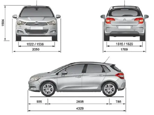Schemat Citroen C4 z wymiarami: wysokość 1504 mm, szerokość przód 2050 mm, szerokość tył 1789 mm, długość 4329 mm.