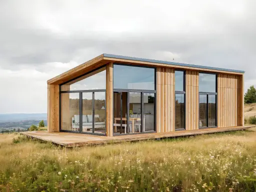 Maison moderne en bois avec grandes baies vitrées, nichée dans un paysage champêtre. Un projet construction maison idéal pour les amoureux de la nature.