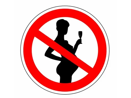 Verbotsschild: Silhouette einer schwangeren Frau mit Sektglas, durchgestrichen. Kein Alkohol in den ersten 4 Wochen der Schwangerschaft.