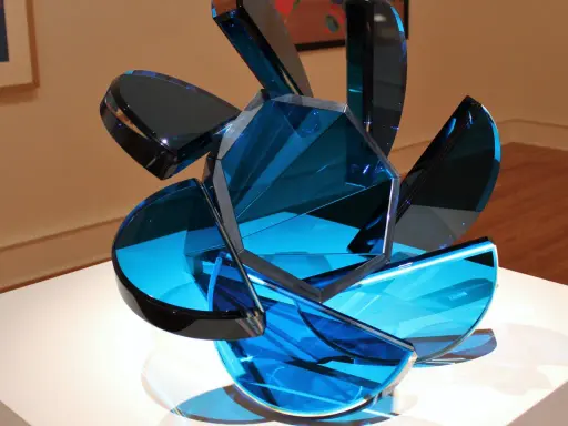 A sculpture of blue glass shards, showcasing transparency in art, with light reflecting through its facets.