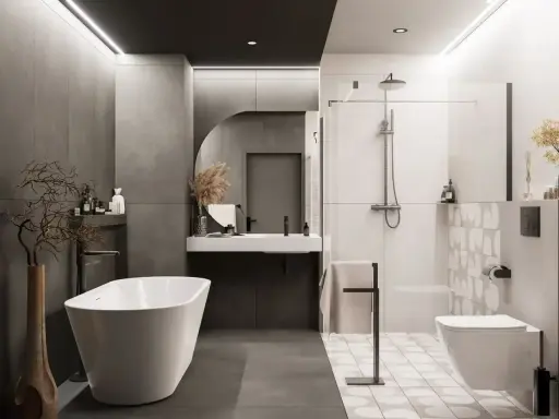 Nowoczesna łazienka z wanną i prysznicem. Efektowne układanie płytek 120x60 na ścianie dodaje elegancji.
