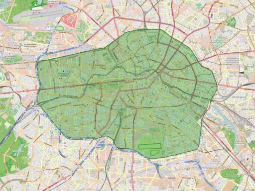 Mapa Berlina z zaznaczoną zieloną strefą płatnego parkowania w centrum.