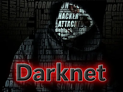 Silhouetten und Begriffe wie "Hacker", "Crime" und "Danger" umgeben das Wort "Darknet".
