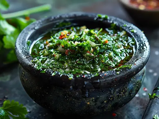 Frisches, grünes Chimichurri im Steinmörser, ein authentisches argentinisches Rezept. Perfekt für gegrilltes Fleisch.
