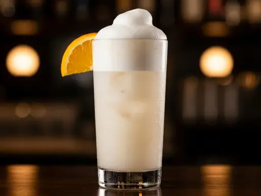 En krämig Ramos Gin Fizz med apelsinskiva, perfekt för en sofistikerad kväll.