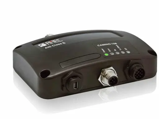 Boîtier noir d'un tracker navire AIS Class B, modèle CAMINO-108, avec indicateurs lumineux et connecteurs.