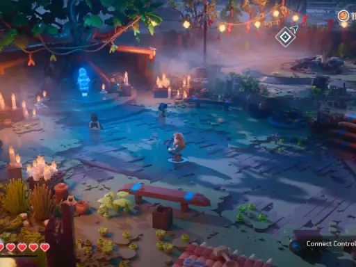 Witaj w świecie Lego Horizon Adventures! Postacie z klocków eksplorują tajemniczą, oświetloną świecami krainę.