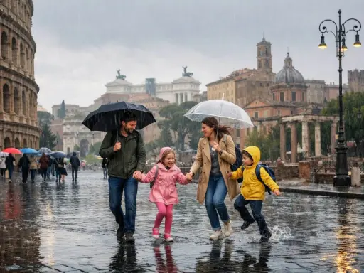 Famiglia felice sotto la pioggia a Roma, con il Colosseo sullo sfondo. Un'idea su cosa vedere a Roma quando piove: godersi la magia della città anche con l'ombrello!