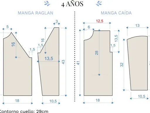 Patrón jersey punto niño 4 años: manga raglán y manga caída con medidas detalladas para confección.