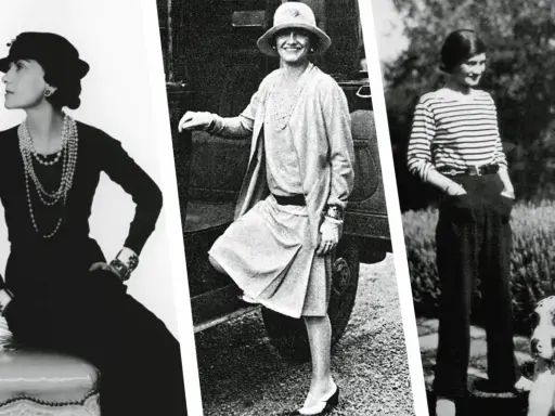Coco Chanel, ícono de la moda, luce elegantes vestidos años 20 y pantalones de estilo atemporal.