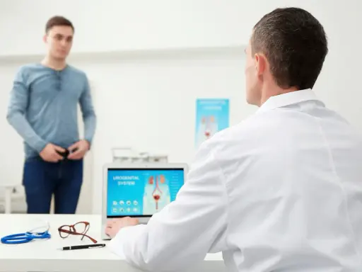 Lekarz omawia z pacjentem problemy z zatrzymaniem moczu po operacji prostaty, analizując na ekranie laptopa układ moczowo-płciowy.
