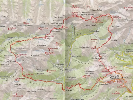 Mappa del sentiero delle Orobie, con sentieri rossi che attraversano valli e cime come il Pizzo Coca e la Presolana.