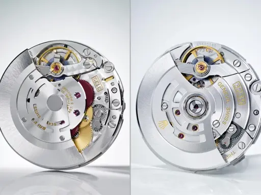 Dettaglio del movimento Rolex 3135 e 3235, ingranaggi precisi e rubini che garantiscono il movimento perfetto.