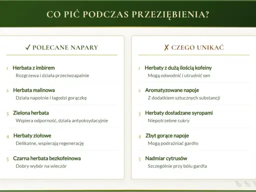 Jaka herbata na katar? Polecane napary to m.in. herbata z imbirem, malinowa, zielona, ziołowa i bezkofeinowa. Unikaj napojów z kofeiną, sztucznymi dodatkami i nadmiarem cukru.