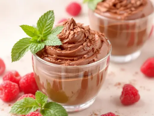 Délicieuse mousse au chocolat 2 ingrédients sans oeuf, garnie de copeaux de chocolat et de menthe fraîche, avec des framboises autour.