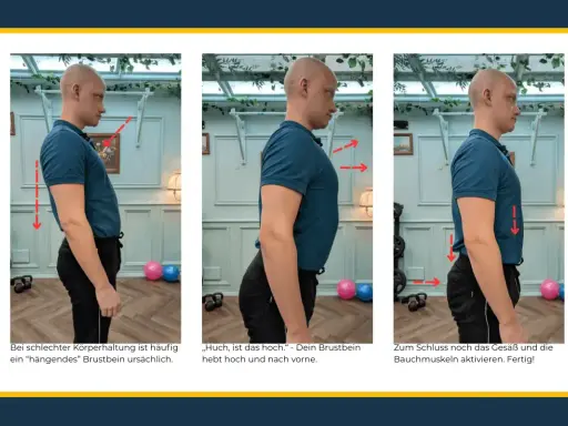 Mann korrigiert Haltung: Brustbein hoch, Bauch anspannen. Ein **growth mindset** hilft, schlechte Gewohnheiten zu überwinden und sich zu verbessern.