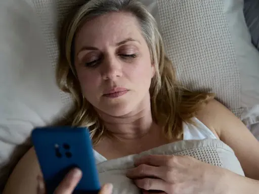 Kobieta leży w łóżku, trzymając telefon. Może to być związane z problemem oddawania moczu w nocy jeden raz.