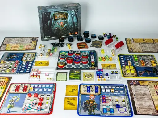 Plansza do gry "Too Many Bones" z kostkami, żetonami i kartami, gotowa do epickiej przygody w stylu gry RPG.