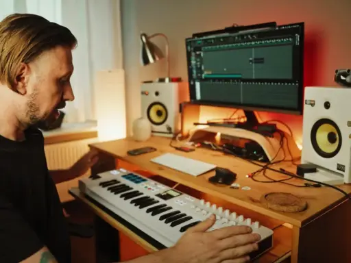 Mężczyzna tworzy muzykę w domowym studiu. Na biurku klawiatura sterująca, monitory studyjne, komputer z programem do produkcji muzyki i gitara.