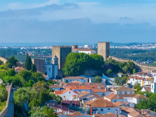 Malerische portugiesische Landschaft mit einer mittelalterlichen Burg und Stadtmauern, die sich über grüne Hügel erstrecken. Weiße Häuser mit Ziegeldächern und ein Kirchturm sind sichtbar.