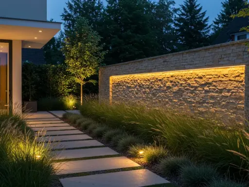 Allée de dalles éclairée par des spots au sol, bordée d'herbes hautes et d'un mur de pierre illuminé par une lumière 4000k couleur.