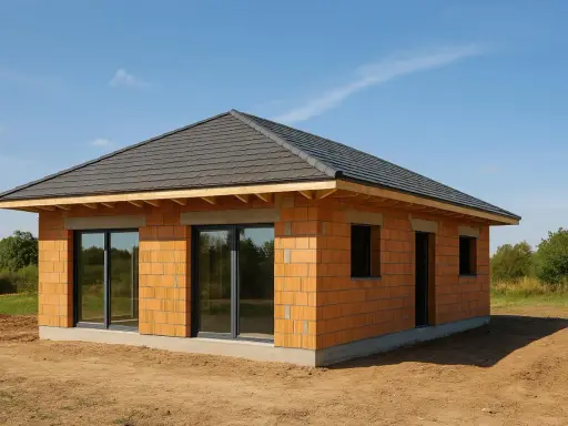Une petite maison à construire en briques orange, avec un toit sombre et de grandes fenêtres, sur un terrain sablonneux sous un ciel bleu.
