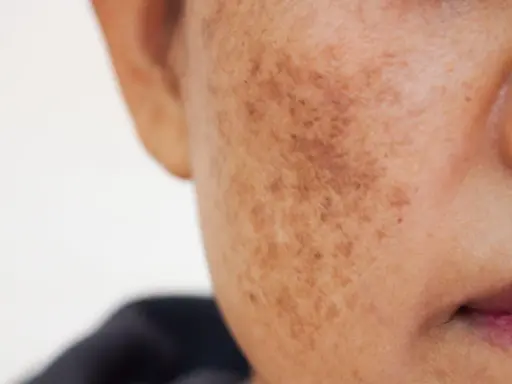 Gros plan sur une joue montrant une tache brune sur la peau, résultat d'une hyperpigmentation.