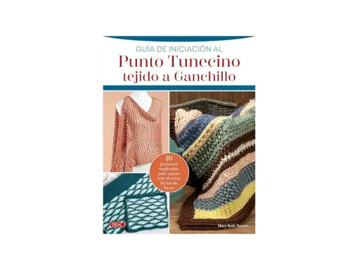Guía de iniciación al punto tunecino tejido a ganchillo. Muestra un chal color salmón, una manta a rayas y dos muestras de tejido en verde y turquesa.