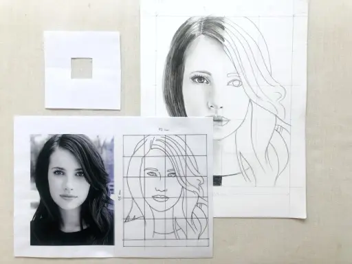Guida per imparare come fare un ritratto da una foto: foto originale, disegno a griglia e schizzo in corso.