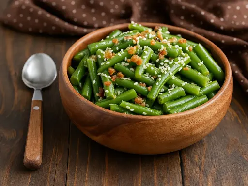 Salade haricots verts croquants, parsemée de graines de sésame et de petits morceaux croustillants. Une cuillère en bois est à côté du bol.