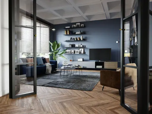 Un elegante foto salotto moderno con divano blu, poltrona marrone, tappeto scuro e pareti blu intenso.