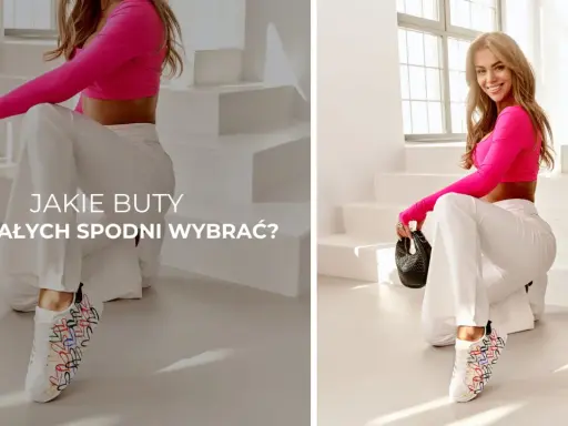 Kobieta w białych spodniach i różowym topie prezentuje białe sneakersy z kolorowymi serduszkami. Idealne pytanie: jakie buty do białych spodni damskich wybrać?