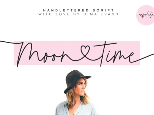 Ręcznie pisany font "Moon time" z sercem w środku, obok napisu "update".