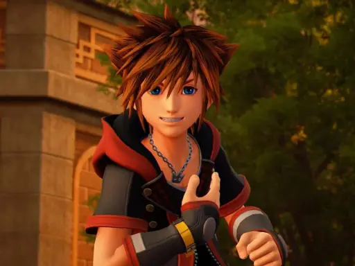 Sora z Kingdom Hearts, z niebieskimi oczami i charakterystycznymi włosami, uśmiecha się, gotowy na przygodę.