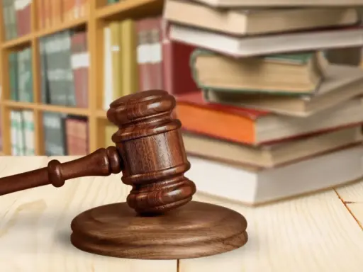 Martelletto da giudice su tavolo di legno, con libri e scaffali sullo sfondo. Simboleggia cosa succede dopo incidente probatorio.