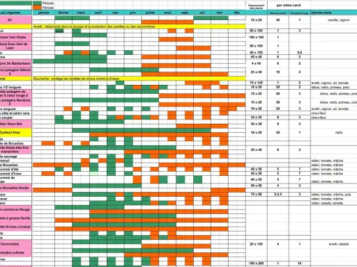 Tableau du calendrier des semis par région, indiquant les périodes de plantation et les associations de légumes pour un potager réussi.