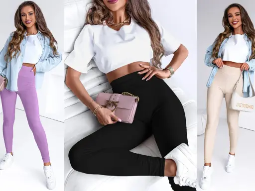 Trzy kobiety prezentują stylizacje z legginsami: fioletowymi, czarnymi i beżowymi. Brązowe legginsy stylizacje to klasyka, ale te kolory też są modne.