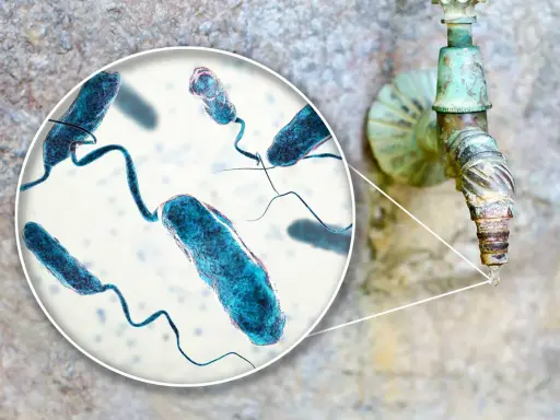 Kolerabakterier syns i förstoring nära en gammal kran, en påminnelse om vikten av vaccin mot kolera.