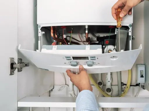 Hände reparieren einen Thermoflow Durchlauferhitzer. Eine Anleitung wird befolgt, um die Komponenten zu überprüfen.