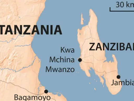 Mapa pokazuje Tanzanię i Zanzibar. Czy Zanzibar to państwo? Leży na wschód od kontynentu, blisko wybrzeża.