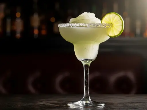 En frostig frozen margarita med saltkant och limeklyfta, perfekt för en varm dag.