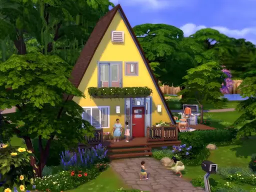 Żółty dom w kształcie litery A, otoczony zielenią. Domy w The Sims 4 bez dodatków mogą wyglądać tak uroczo!