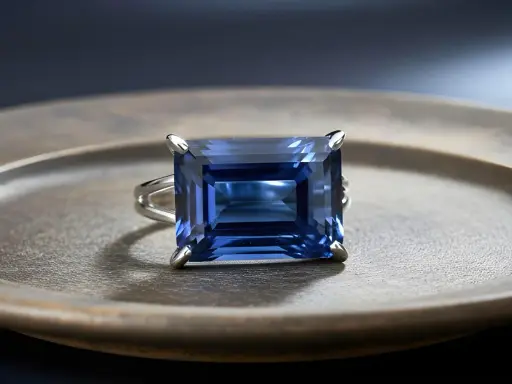 Anello con un magnifico zaffiro blu rettangolare, incastonato su un piatto metallico.